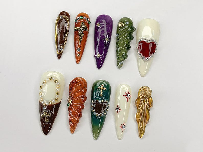 FreeStyle Colorful Nail Art | 3D Chrome Press Ons | Metallic Chrome Goth/Gothic Nail Art | Luxury Summer Vibe Nails | OC375YH