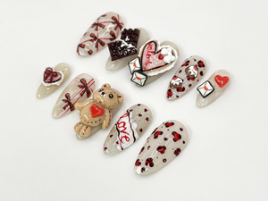 3D Teddy Valentine Press On Nails | Cute Teddy Bear and Hearts Design | Handmade 3D Nail Set | 3D Valentine Nail Art |OB632HC