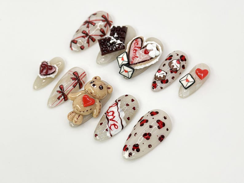 3D Teddy Valentine Press On Nails | Cute Teddy Bear and Hearts Design | Handmade 3D Nail Set | 3D Valentine Nail Art |OB632HC