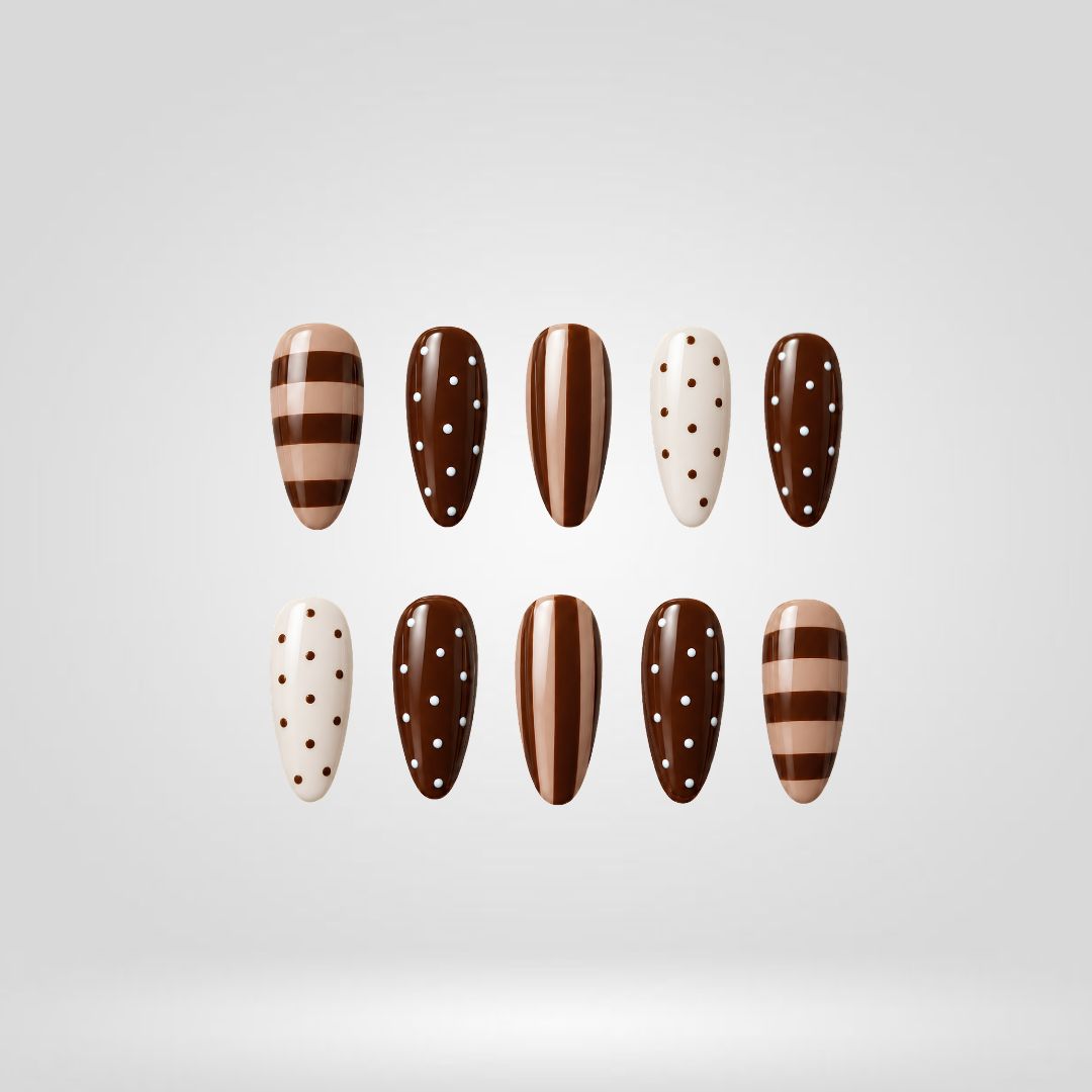 Mocha Stripe Polka Press-On Nails - Aninail