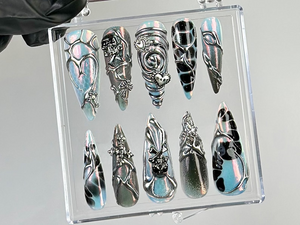 Gothic Black Chrome Press On Nails | Cyberpunk 3D Press Ons | Holographic 3D Fake Nails | Gothic, Y2K, Dark Nail Art | Gothic Nails |OC773YC