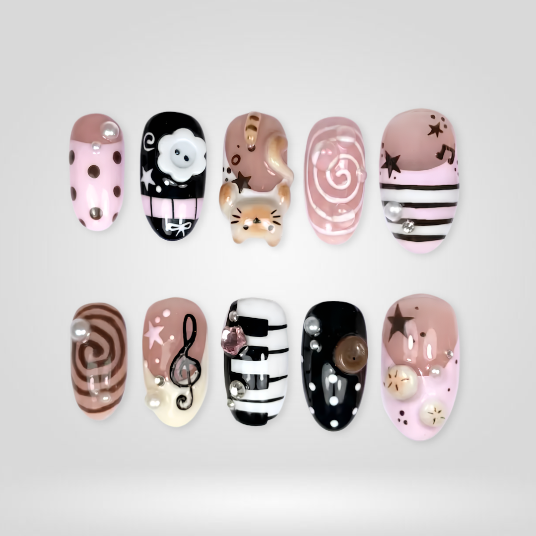 Piano Kitty Almond Press-On Nails - Aninail