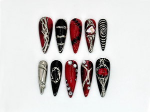 Unique Gothic-Inspired Long Stiletto Nails | Edgy Black & Red Metallic Nails | Long Stiletto with Silver Details | Gothic Style | OB589HK