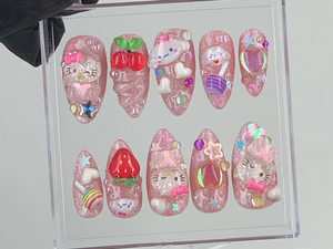 Cute 3D Cartoon Press-On Nails | Kawaii Glitter Pink Nail Art | Hello Kitty And Strawberry Themed Acrylic Nails | Nail Charms |Custom|OB575Y