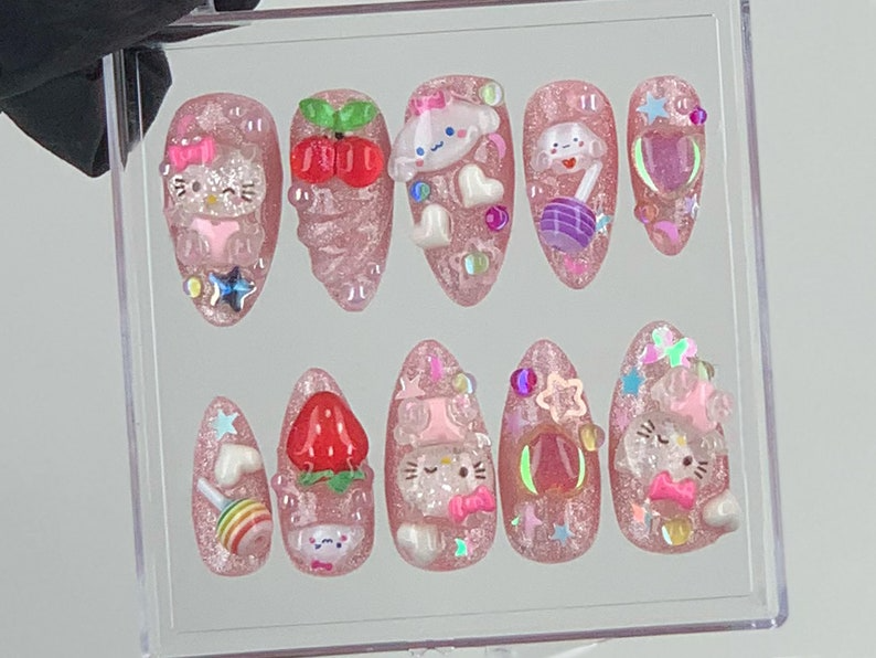 Cute 3D Cartoon Press-On Nails | Kawaii Glitter Pink Nail Art | Hello Kitty And Strawberry Themed Acrylic Nails | Nail Charms |Custom|OB575Y