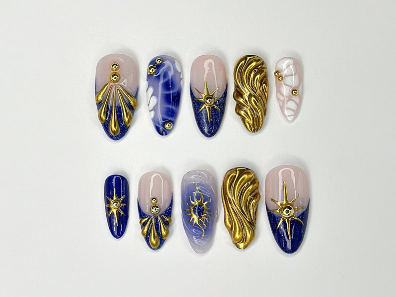 Luxurious Gold and Blue Press On Nails | Handcrafted Press On Nails with Elegant Shell and Star Designs | Perfect Choice for you | OC309SL