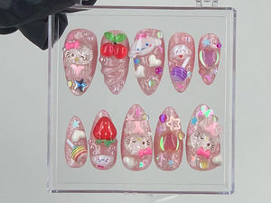 Cute 3D Cartoon Press-On Nails | Kawaii Glitter Pink Nail Art | Hello Kitty And Strawberry Themed Acrylic Nails | Nail Charms |Custom|OB575Y
