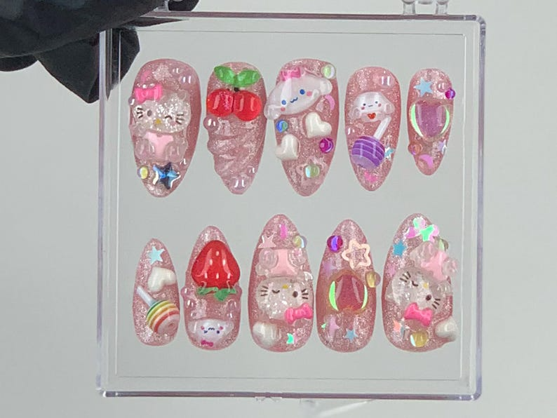 Cute 3D Cartoon Press-On Nails | Kawaii Glitter Pink Nail Art | Hello Kitty And Strawberry Themed Acrylic Nails | Nail Charms |Custom|OB575Y