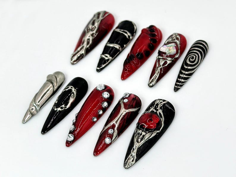 Unique Gothic-Inspired Long Stiletto Nails | Edgy Black & Red Metallic Nails | Long Stiletto with Silver Details | Gothic Style | OB589HK