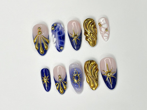 Luxurious Gold and Blue Press On Nails | Handcrafted Press On Nails with Elegant Shell and Star Designs | Perfect Choice for you | OC309SL