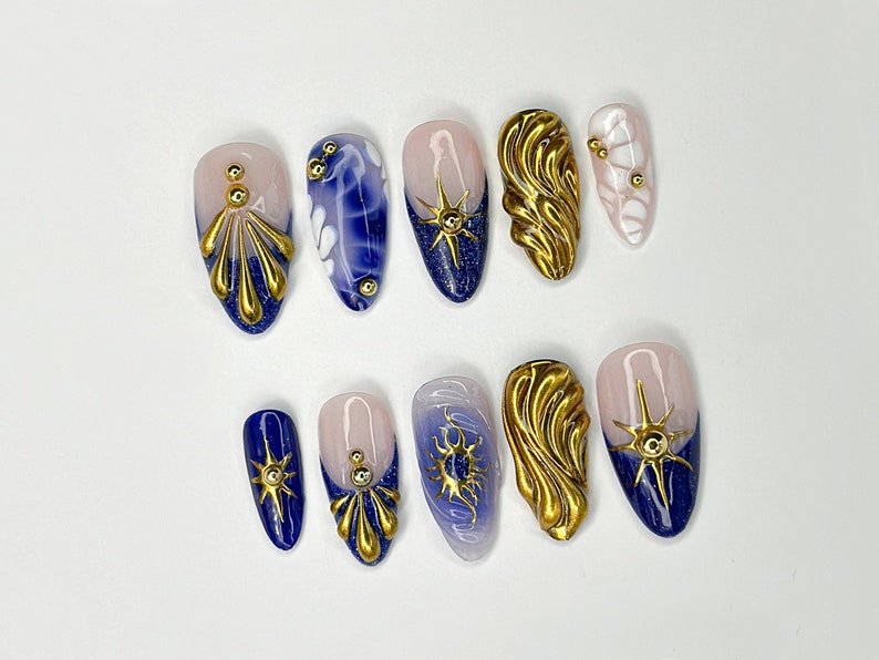 Luxurious Gold and Blue Press On Nails | Handcrafted Press On Nails with Elegant Shell and Star Designs | Perfect Choice for you | OC309SL