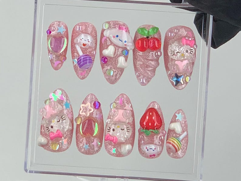 Cute 3D Cartoon Press-On Nails | Kawaii Glitter Pink Nail Art | Hello Kitty And Strawberry Themed Acrylic Nails | Nail Charms |Custom|OB575Y