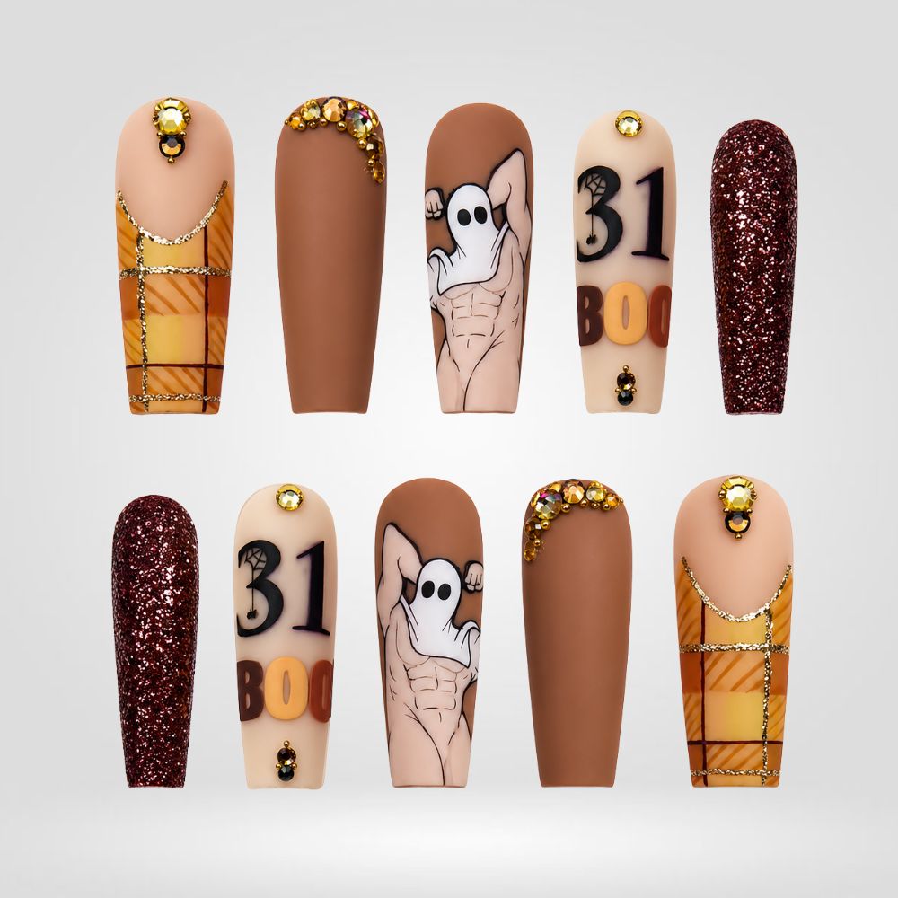 October 31 Mocha Ghost Coffin Press-On Nails - Aninail