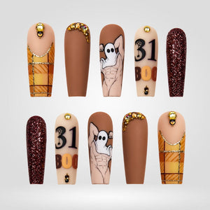 October 31 Mocha Ghost Coffin Press-On Nails - Aninail