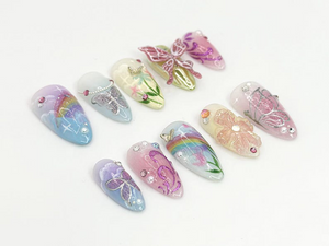 Nature-Inspired Floral Press-On Nails | Floral And Butterfly Long Nails | Butterfly And Glitter Nails | Hand-Painted Nail Art | OB634HC