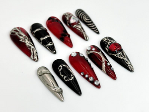 Unique Gothic-Inspired Long Stiletto Nails | Edgy Black & Red Metallic Nails | Long Stiletto with Silver Details | Gothic Style | OB589HK