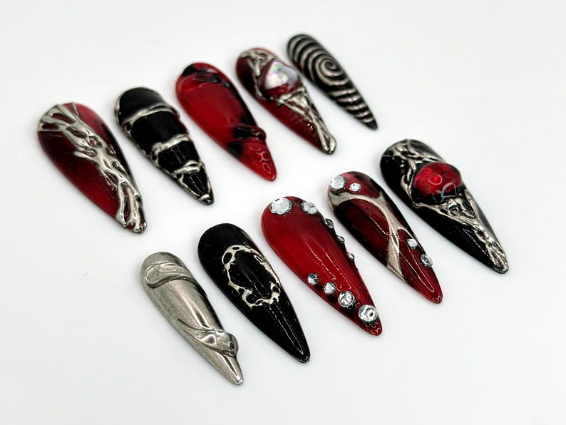 Unique Gothic-Inspired Long Stiletto Nails | Edgy Black & Red Metallic Nails | Long Stiletto with Silver Details | Gothic Style | OB589HK