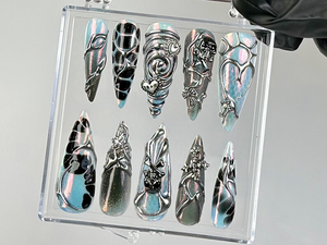 Gothic Black Chrome Press On Nails | Cyberpunk 3D Press Ons | Holographic 3D Fake Nails | Gothic, Y2K, Dark Nail Art | Gothic Nails |OC773YC