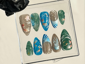 Artistic Aquarium-Themed Almond Nails | Japanese Koi Fish Nail Art | Water-Inspired Fake Nails | Watercolor-Style Koi Fish Nails | OB730YK
