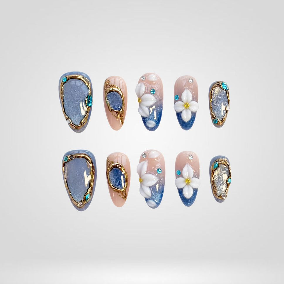Blue Mirage 3D Floral Press-On Nails - Aninail