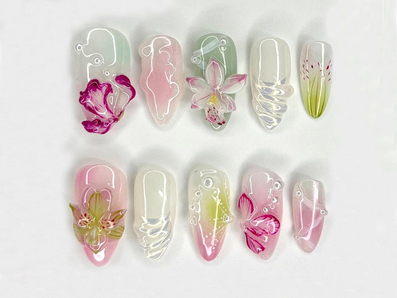 Orchid Dreams 3D Press On Nails | Delicate Hand-Painted Flowers | Handmade Nail Art with Soft Blossoms | Soft Pastel Tones | OC519H