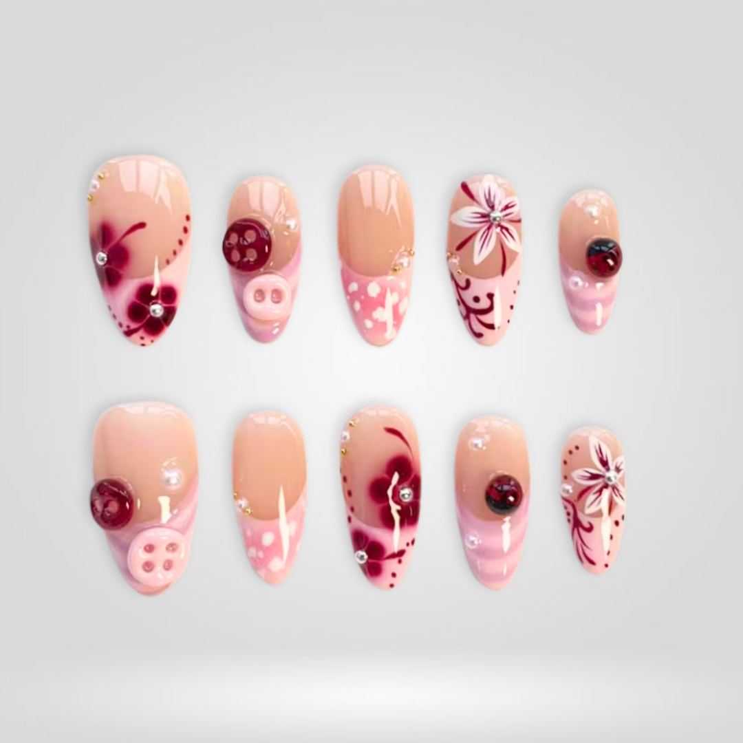 Rosy Blossom Floral Press-On Nails - Aninail