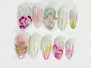 Orchid Dreams 3D Press On Nails | Delicate Hand-Painted Flowers | Handmade Nail Art with Soft Blossoms | Soft Pastel Tones | OC519H