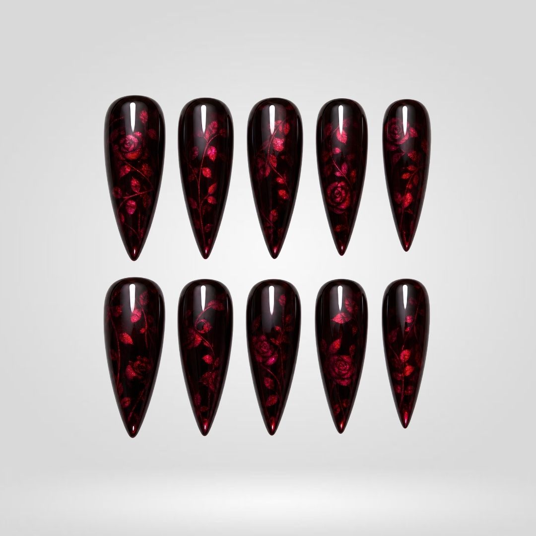 Black Cherry Rose Cat Eye Press-On Nails - Aninail
