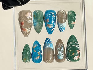 Artistic Aquarium-Themed Almond Nails | Japanese Koi Fish Nail Art | Water-Inspired Fake Nails | Watercolor-Style Koi Fish Nails | OB730YK