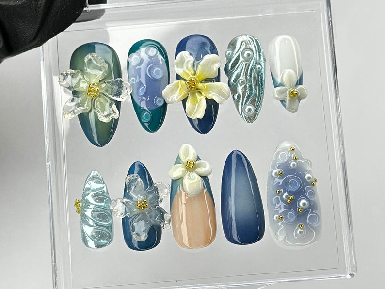 Elegant 3D Floral Press On Nails | Hand-painted Acrylic Spring Fake Nails | Ocean Blue and Pearl Nail Art | Nail Charms | Press Ons |OB439TL