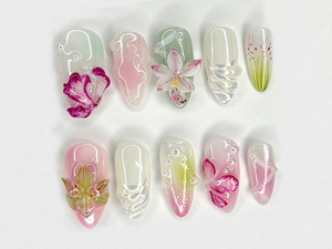 Orchid Dreams 3D Press On Nails | Delicate Hand-Painted Flowers | Handmade Nail Art with Soft Blossoms | Soft Pastel Tones | OC519H