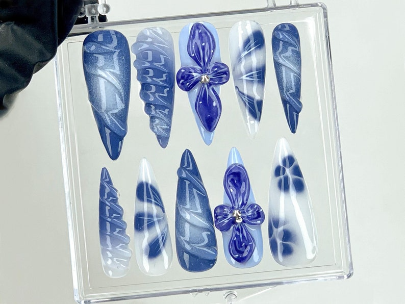 Mystical Midnight Blooms Press On Nails | 3D Floral Fantasy Nail Art | Dreamy Night Garden Acrylic Nails | Hand-Painted 3D Art | OC561YK