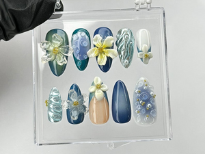 Elegant 3D Floral Press On Nails | Hand-painted Acrylic Spring Fake Nails | Ocean Blue and Pearl Nail Art | Nail Charms | Press Ons |OB439TL