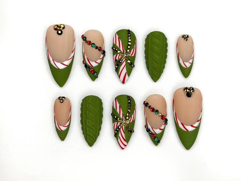 Christmas Press On Nails | Green Holiday Nails | Festive Long Nails | Christmas Gift | Party Nails| OB1189BC