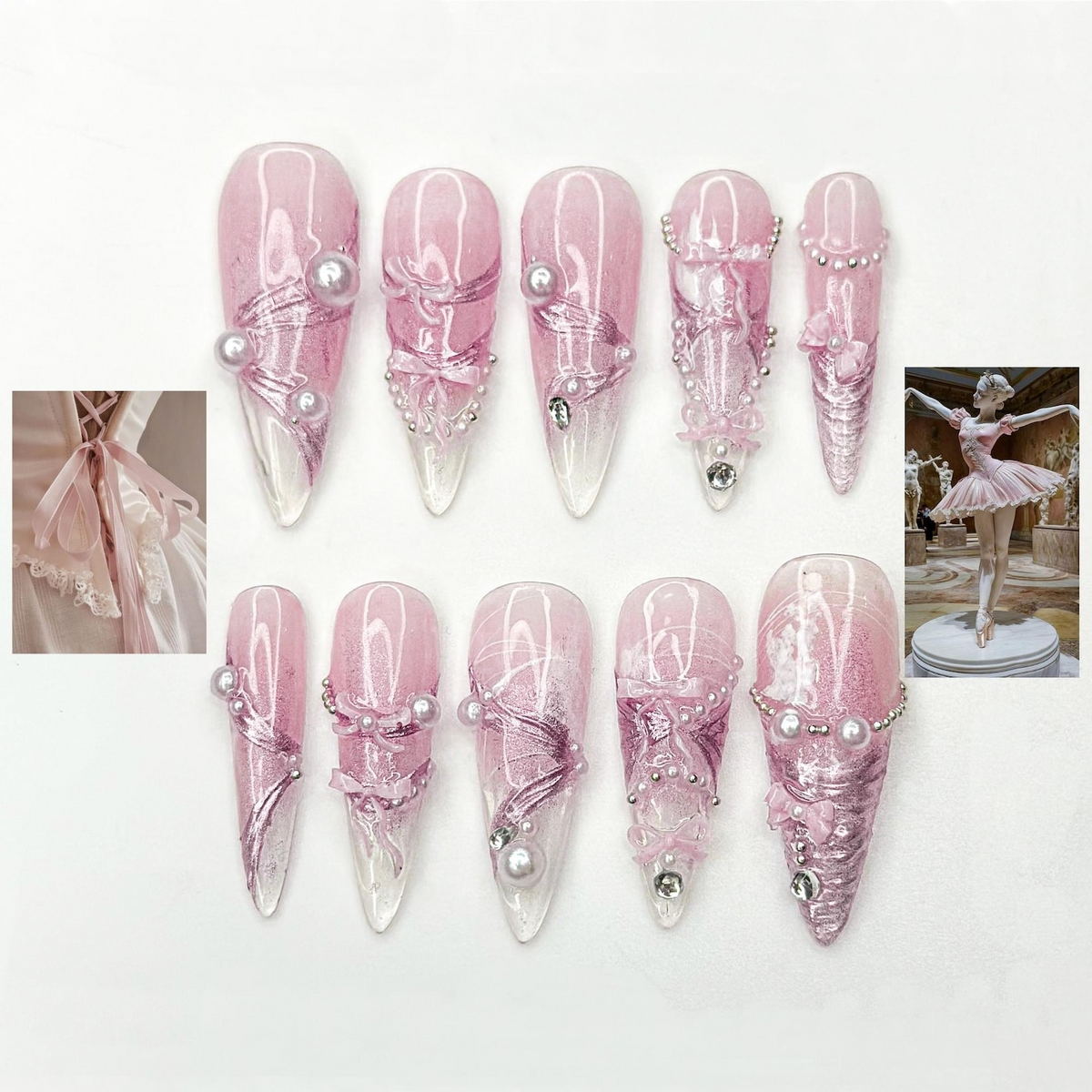 Pink Ballerina Press On Nails for Girls – Soft Blush Ombre Stiletto Nails with Pearls & Ribbons, Handmade Coquette Balletcore Inspired Press On Nail Set, Luxury Princess Nails | OB291HC