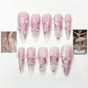 Pink Ballerina Press On Nails for Girls – Soft Blush Ombre Stiletto Nails with Pearls & Ribbons, Handmade Coquette Balletcore Inspired Press On Nail Set, Luxury Princess Nails | OB291HC