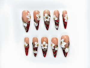 Bold Red Floral Press On Nails | Red Nude Gradient Nails | 3D White Floral & Gold Accents | Statement Autumn Nails | OB177EC