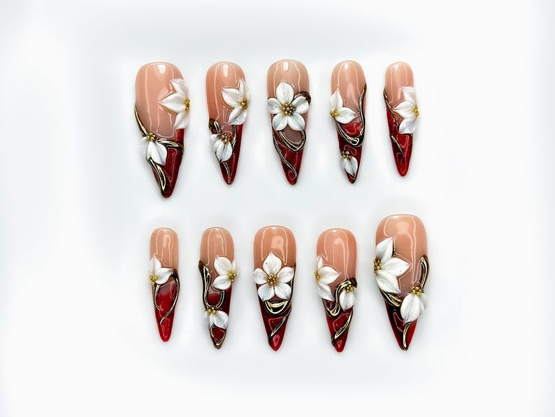 Bold Red Floral Press On Nails | Red Nude Gradient Nails | 3D White Floral & Gold Accents | Statement Autumn Nails | OB177EC