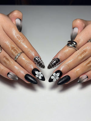 3D Monochrome Flora Nails | Reptile Print & Velvet Knit Press Ons | Luxury Gothic Minimalism Stiletto Art | OC1343IC
