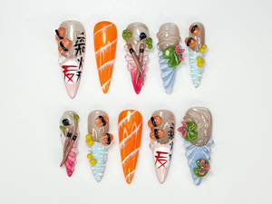 Cute Sushi Press On Nails | 3D Japanese Food Nail Art | Kawaii Salmon & Sushi Roll Nails | Handmade Foodie Press Ons | Fun Design | OB990HC
