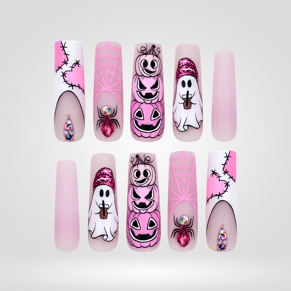 Pink Pumpkin Parade Ghost Press-On Nails - Aninail