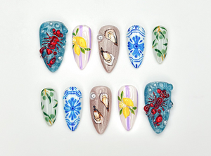 Artistic Seafood Theme Press On Nails | Oyster, Lobster & Lemon Nail Art | Blue Tile Coastal Press Ons | Handpainted Summer Sea Nail |OB964H