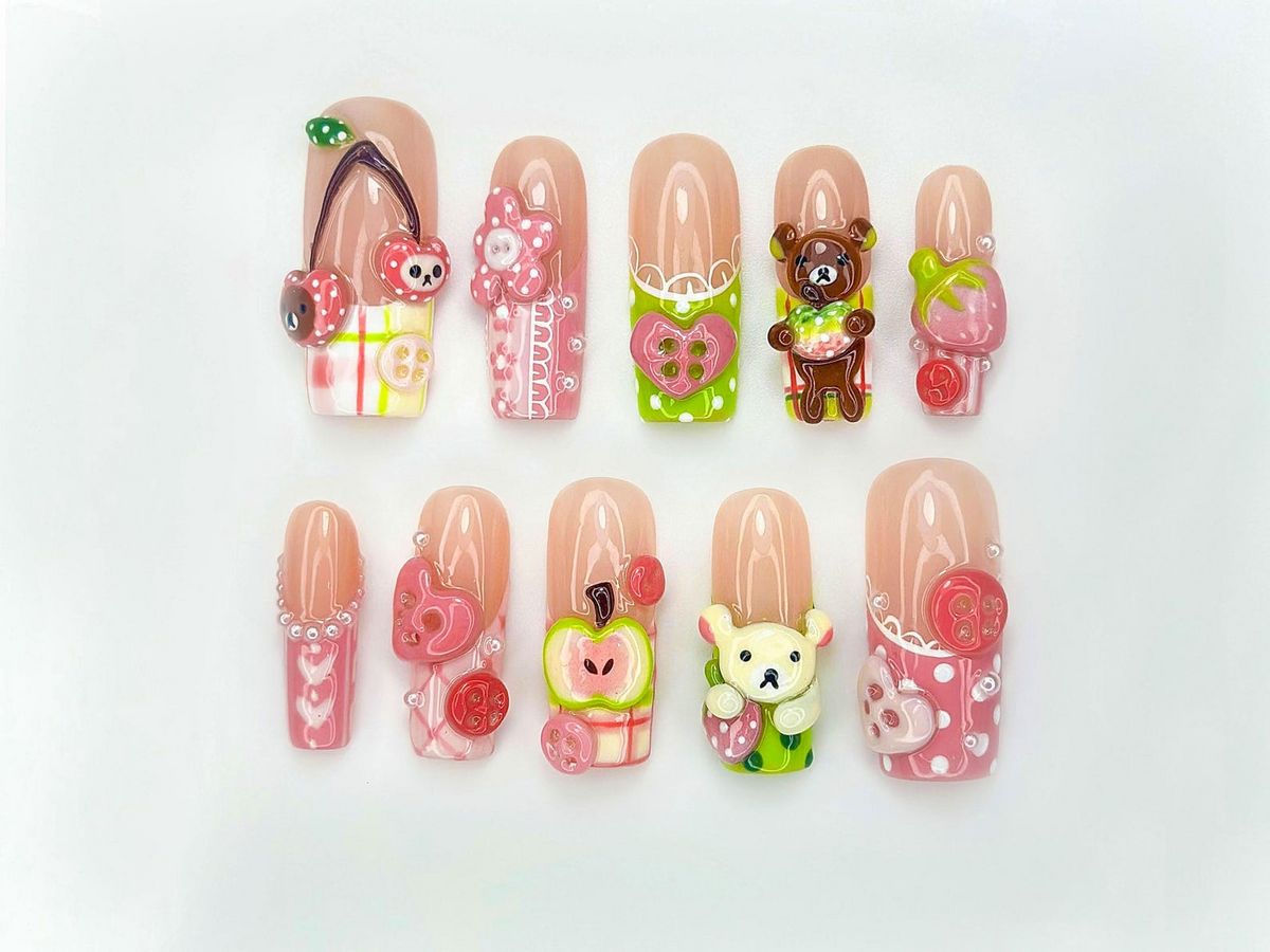 Kawaii Bear Candy Press On Nails | 3D Cute Apple Cherry Nail Art | Pastel Pink Green Y2K Vibes | Cartoon Dessert-Inspired Nails | OB986EC