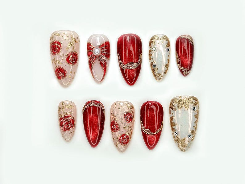 Press On Nails For Christmas | Holiday Christmas Nails | Gold Leaf Luxury Nail Art | Pearl Accent Classy Nails | OB210EC