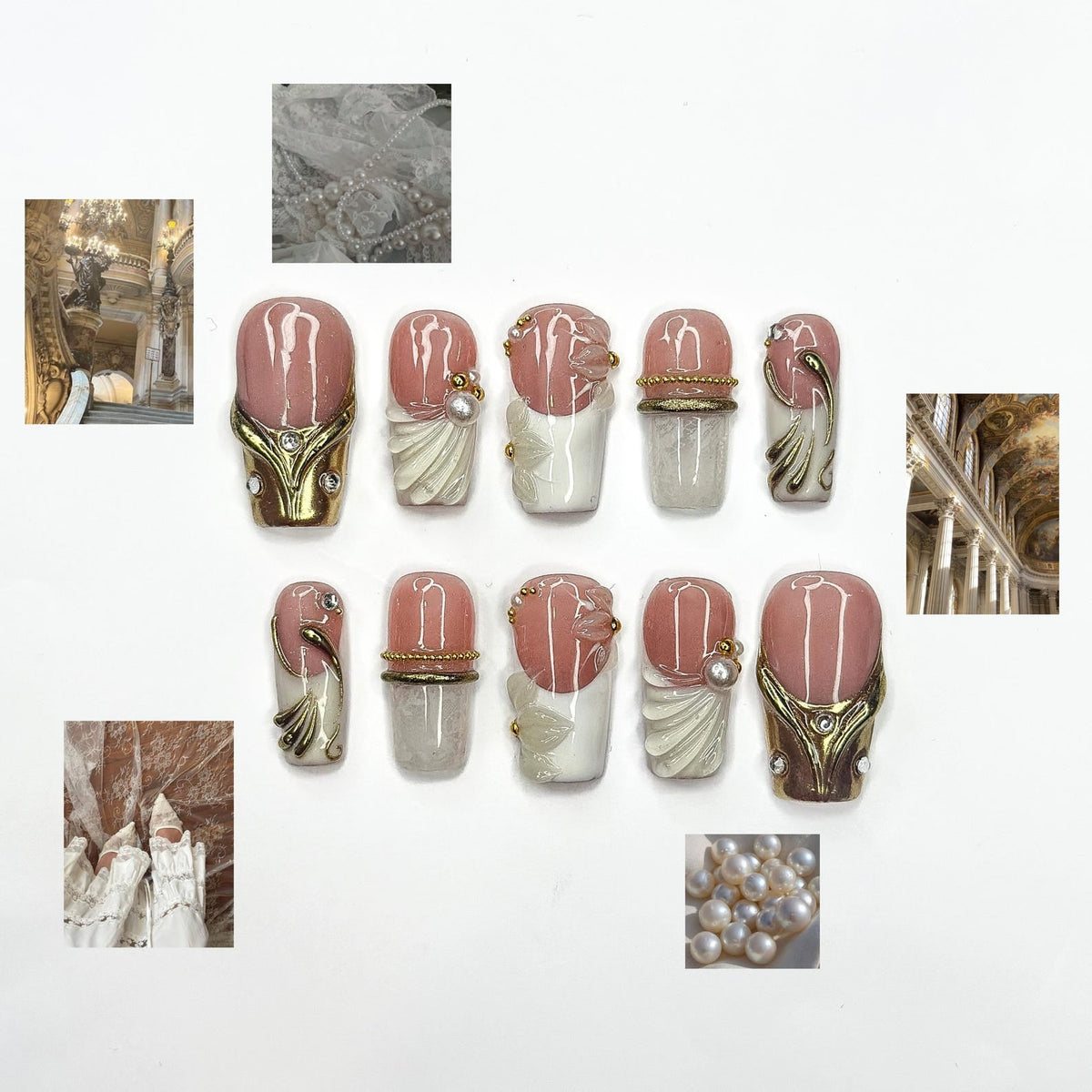 Royal Balletcore Press On Nails | Luxury Pearl Bow Fake Nails | Handpainted Gold French Tip Nails |Elegant Bridal Nails Reusable | OB343IC