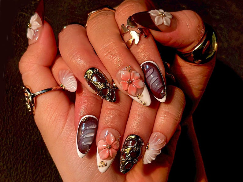 Mystic Bloom Luxury Press On Nails | Metallic Floral Accent Nails | Purple Gradient & 3D Flower Design | Elegant Gothic Nail Art | OB1084EK