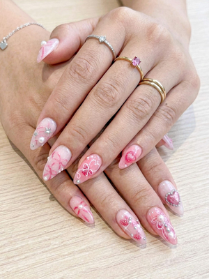 Press On Nails with Pink Ribbon & Heart Charm Design, Handmade Long Glossy Fake Nails for Romantic Coquette Look or Aesthetic Statement Nails | OB279
