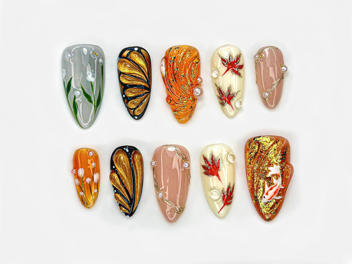 Autumn Maple Leaf Press On Nails | Fall Gold Glitter Nail Art | Orange & Cream Cozy Nails | Elegant Pearl Accent Nails |OB208EC