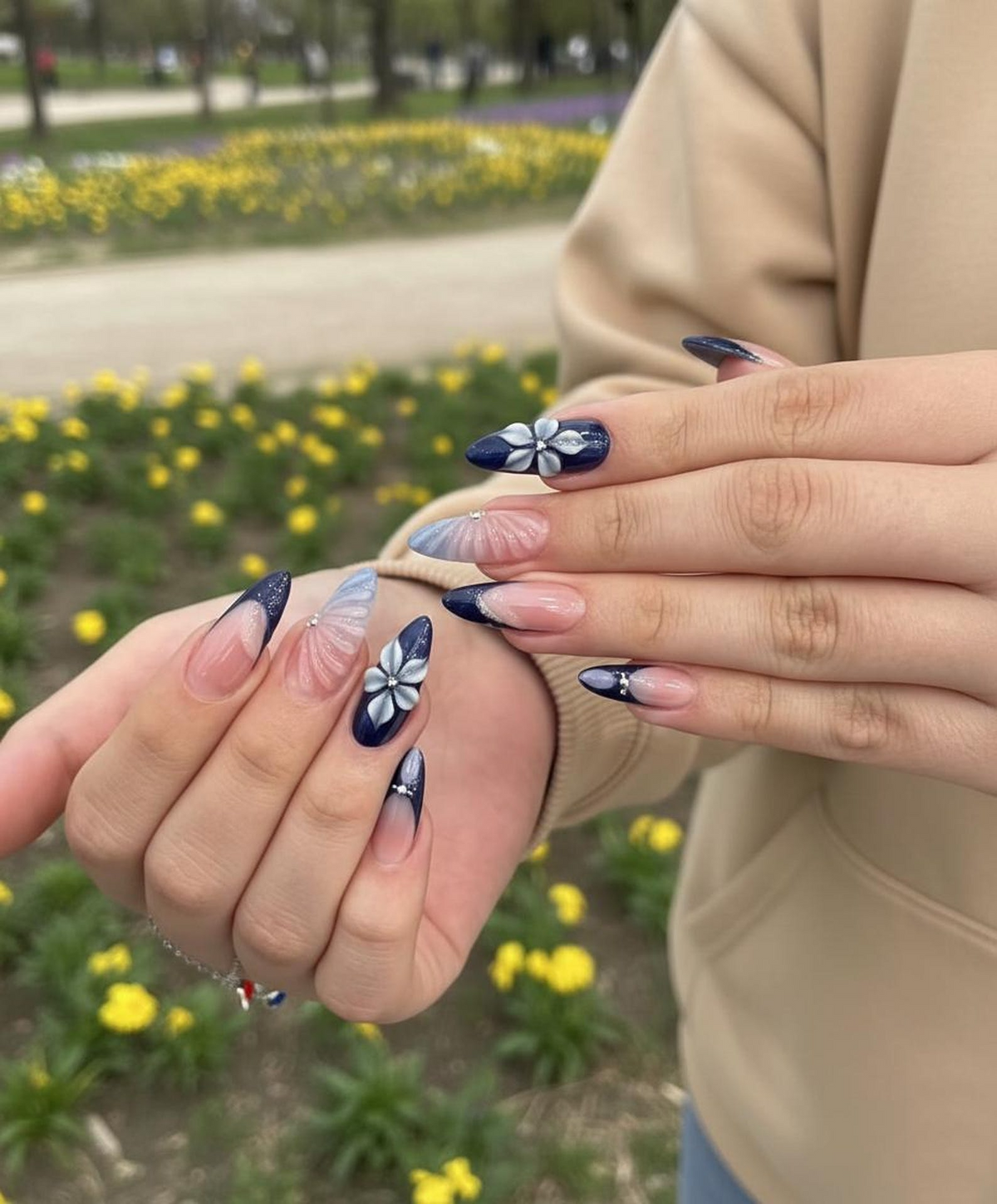 Midnight Blossom Spring Press On Nails | Navy Floral Ombré Nail Art | Luxury Floral Blue Nails Set | Elegant Blush Ombre Nails | OC1240EC
