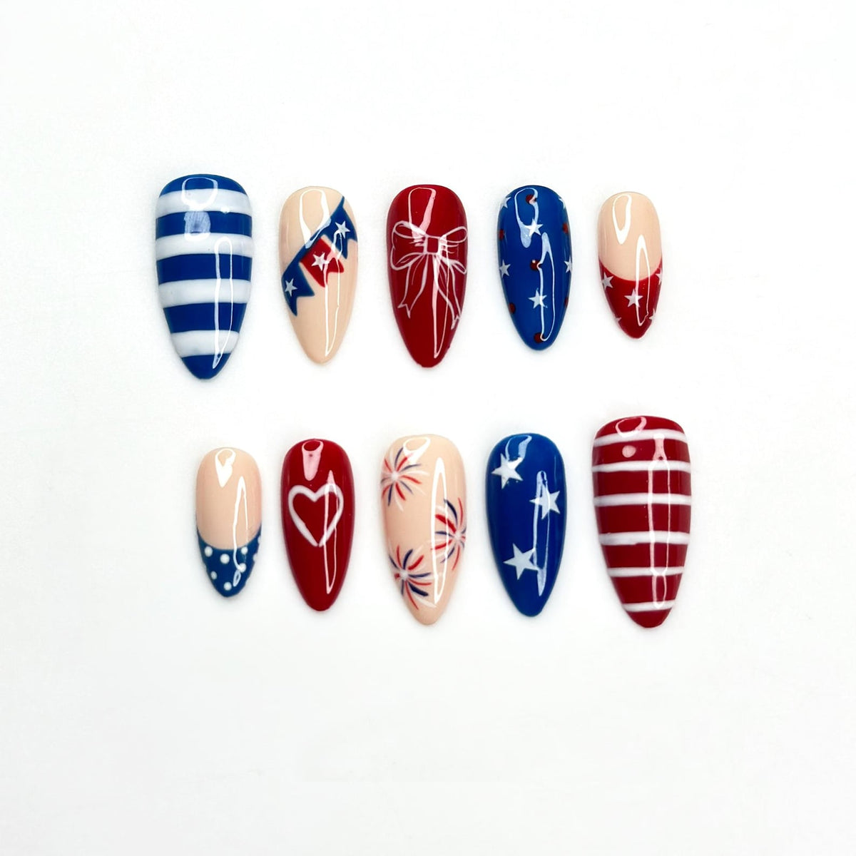 4th of July Press On Nails | Handpainted Patriotic USA Flag Almond Nails | OB398LK